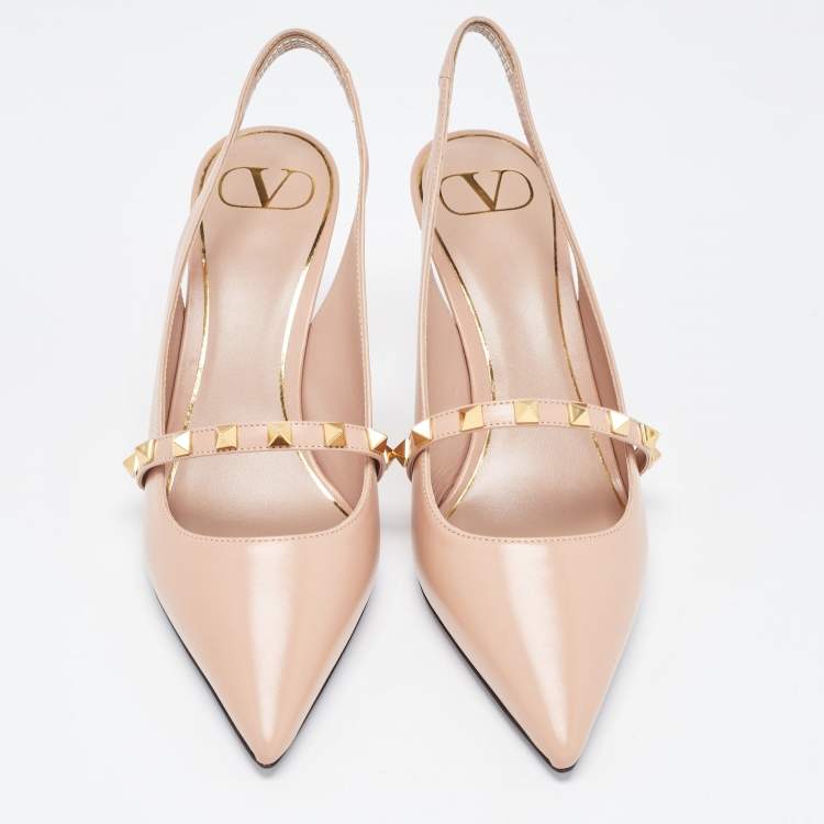 Pre Owned Valentino Beige Leather Rockstud Slingback Pumps Size 38.5