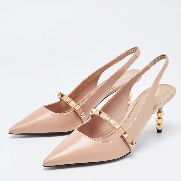 Pre Owned Valentino Beige Leather Rockstud Slingback Pumps Size 38.5