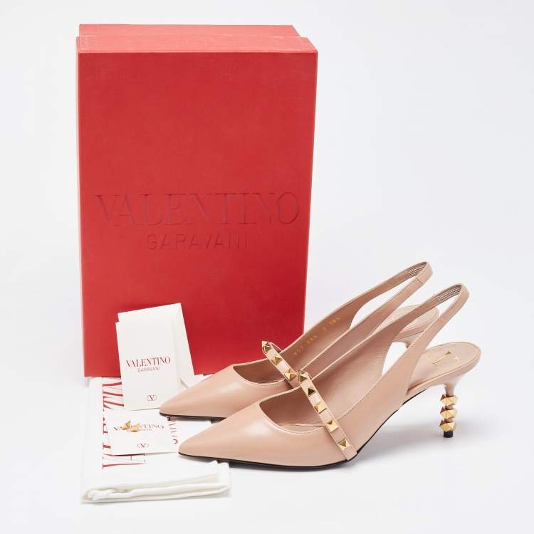 Pre Owned Valentino Beige Leather Rockstud Slingback Pumps Size 38.5
