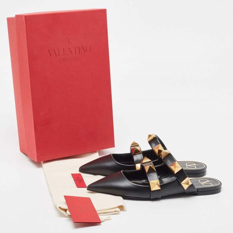 Pre Owned Valentino Black Leather Roman Stud Mules Size 37