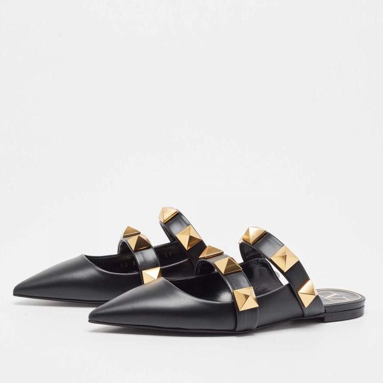 Pre Owned Valentino Black Leather Roman Stud Mules Size 37