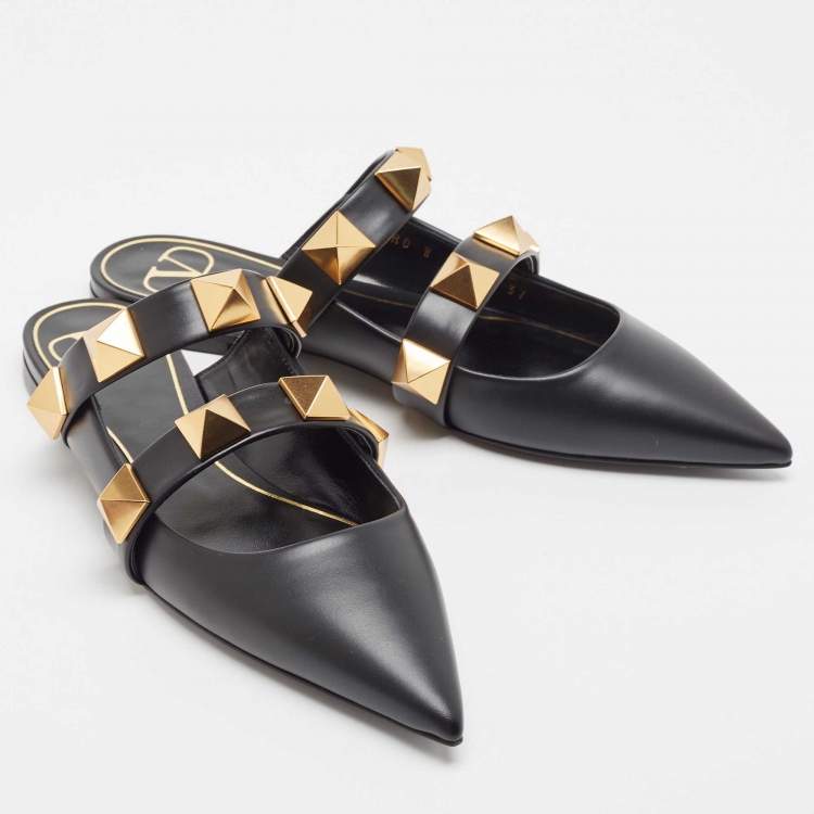 Pre Owned Valentino Black Leather Roman Stud Mules Size 37