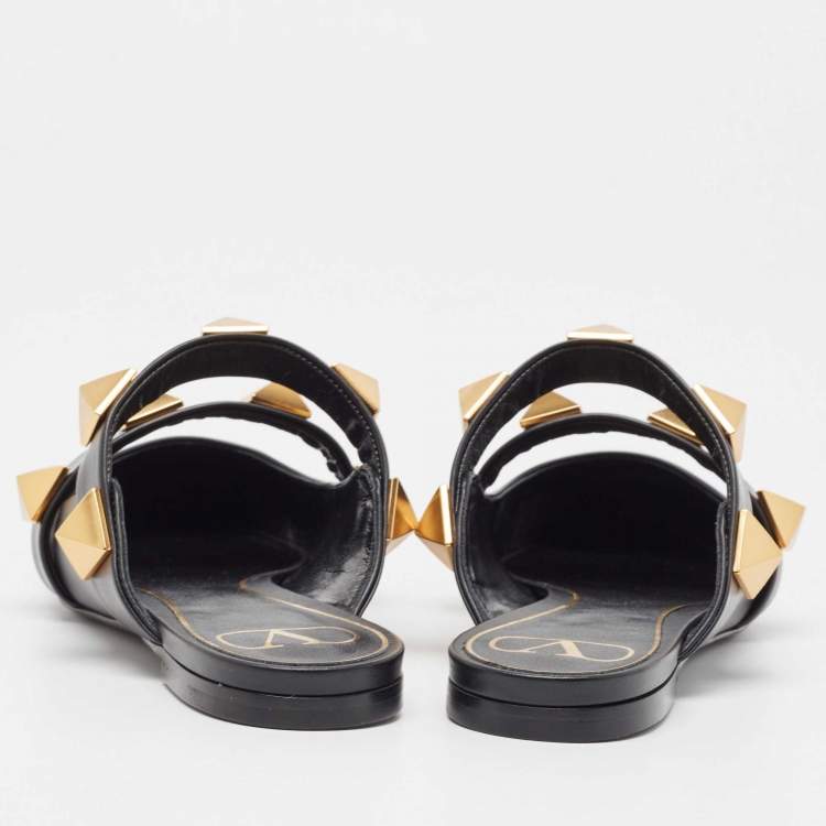 Pre Owned Valentino Black Leather Roman Stud Mules Size 37