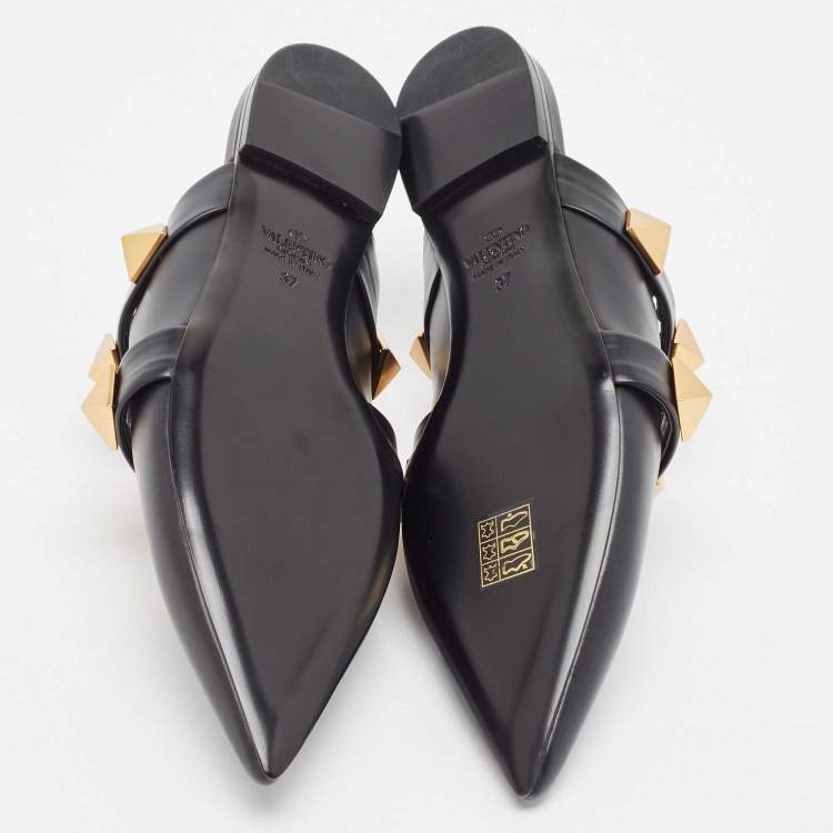 Pre Owned Valentino Black Leather Roman Stud Mules Size 37