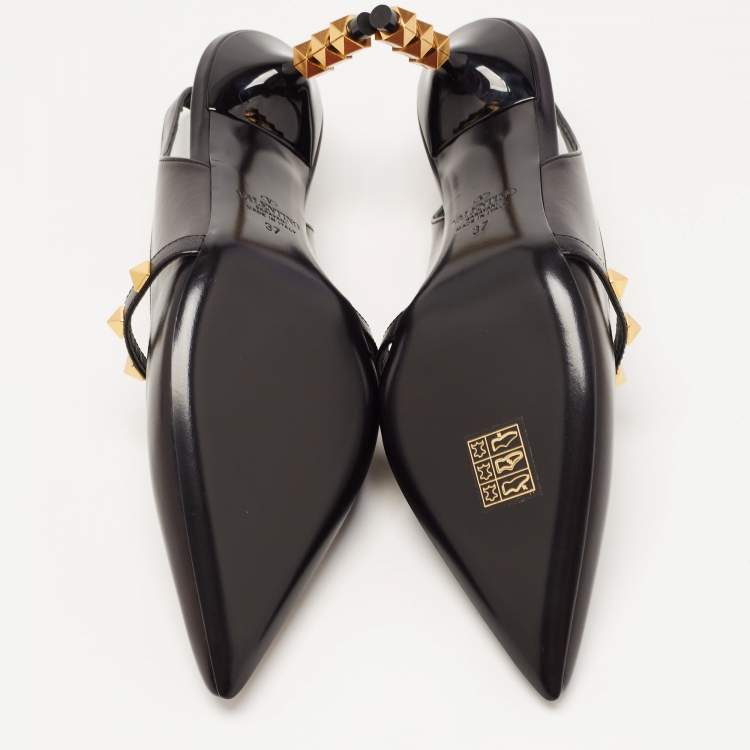 Pre Owned Valentino Black Leather Rockstud Slingback Pumps Size 37
