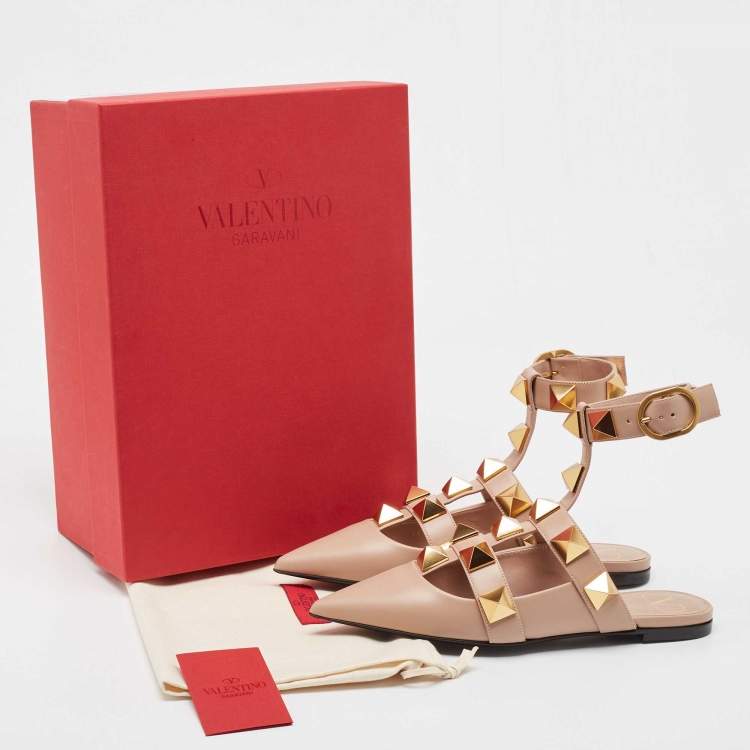 Pre Owned Valentino Beige Leather Roman Stud Ankle Strap Sandals Size 36