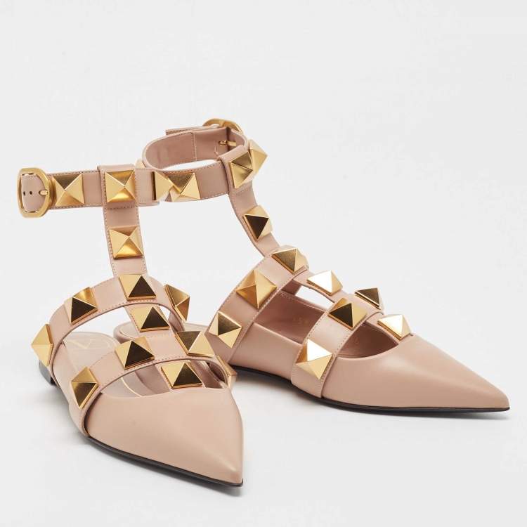 Pre Owned Valentino Beige Leather Roman Stud Ankle Strap Sandals Size 36