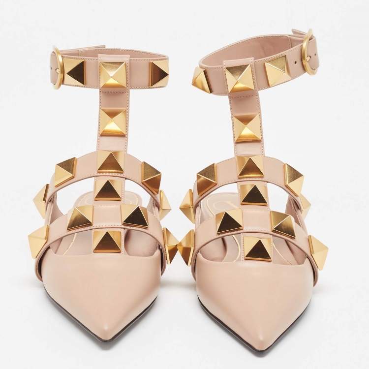 Pre Owned Valentino Beige Leather Roman Stud Ankle Strap Sandals Size 36