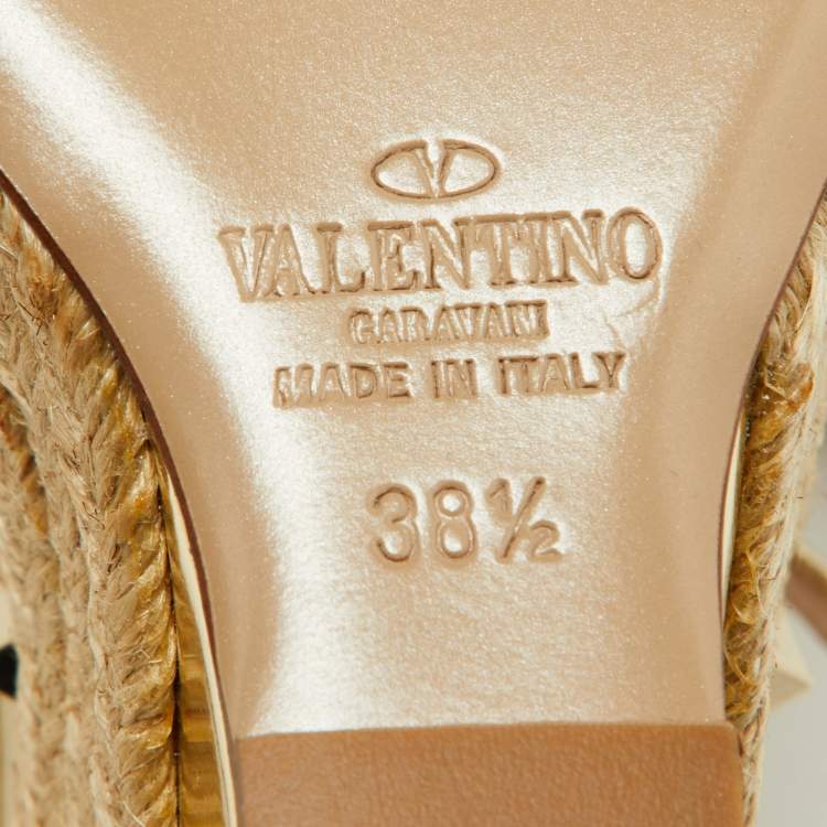 Pre Owned Valentino Gold Leather Rockstud Espadrille Wedge Platform Sandals Size 38.5