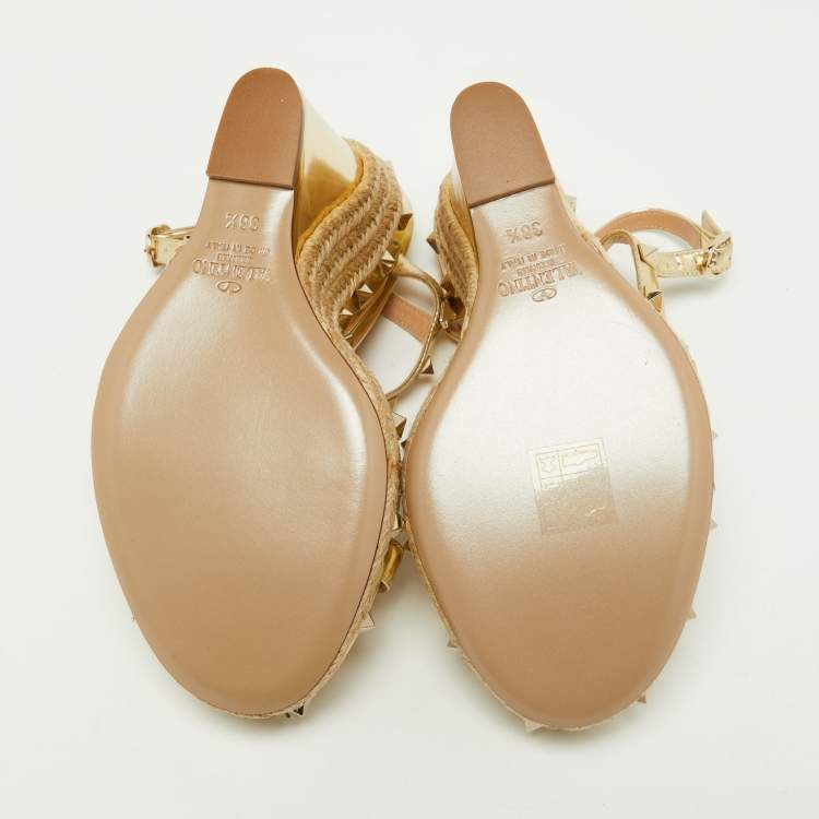Pre Owned Valentino Gold Leather Rockstud Espadrille Wedge Platform Sandals Size 38.5
