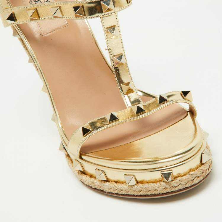 Pre Owned Valentino Gold Leather Rockstud Espadrille Wedge Platform Sandals Size 38.5