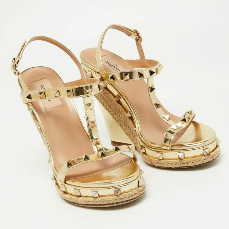 Pre Owned Valentino Gold Leather Rockstud Espadrille Wedge Platform Sandals Size 38.5
