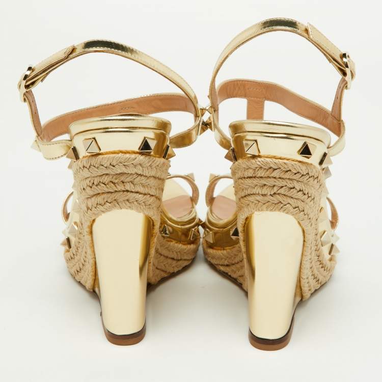 Pre Owned Valentino Gold Leather Rockstud Espadrille Wedge Platform Sandals Size 38.5