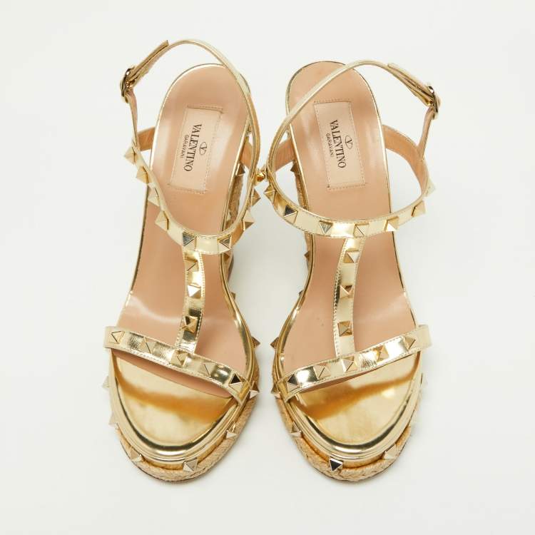 Pre Owned Valentino Gold Leather Rockstud Espadrille Wedge Platform Sandals Size 38.5