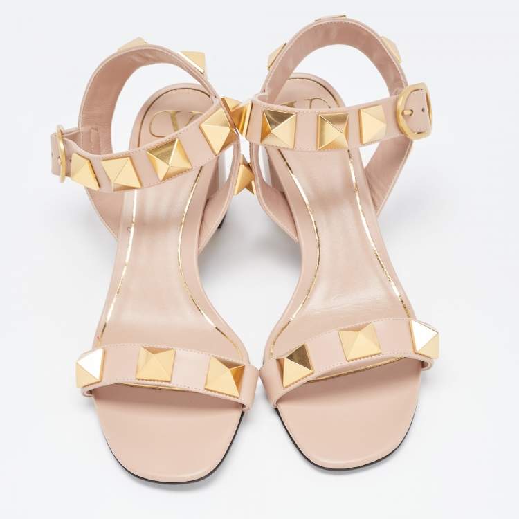 Pre Owned Valentino Pink Leather Roman Stud Ankle Strap Sandals Size 38.5