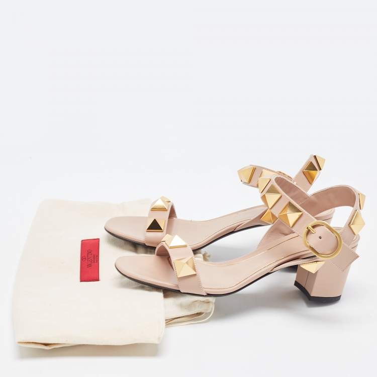 Pre Owned Valentino Pink Leather Roman Stud Ankle Strap Sandals Size 38.5