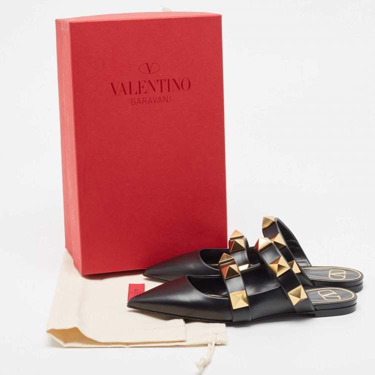Pre Owned Valentino Black Leather Roman Stud Pointed Toe Flat Sandals Size 37