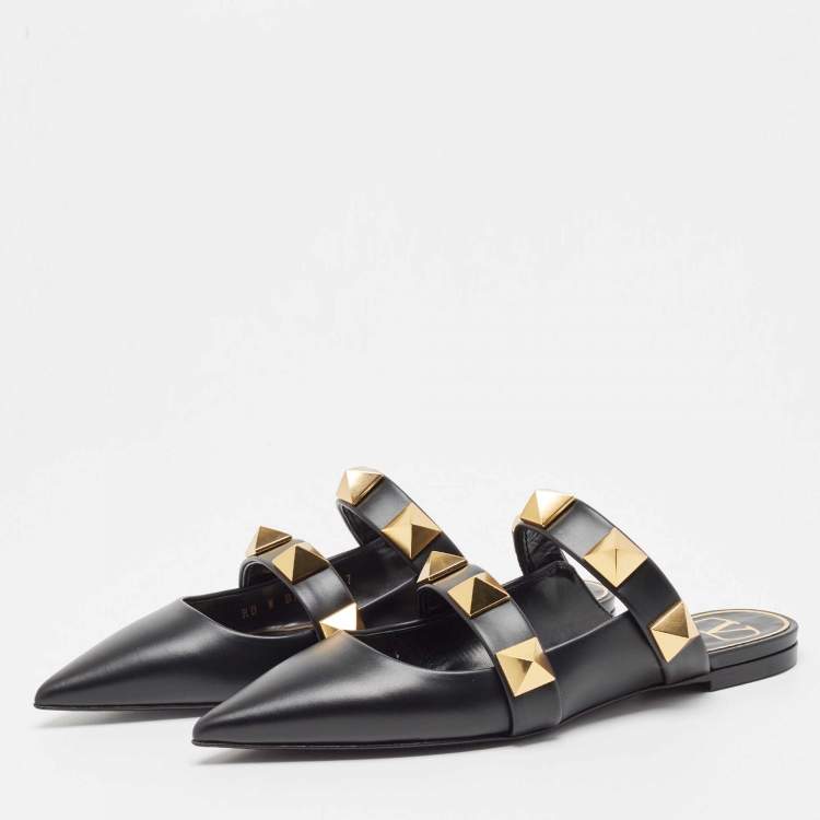 Pre Owned Valentino Black Leather Roman Stud Pointed Toe Flat Sandals Size 37