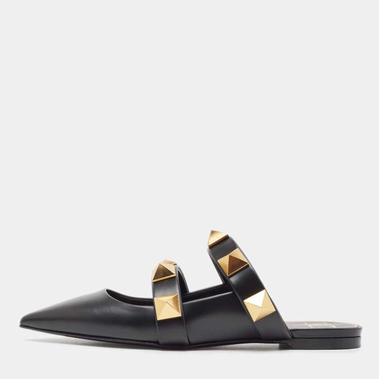 Pre Owned Valentino Black Leather Roman Stud Pointed Toe Flat Sandals Size 37