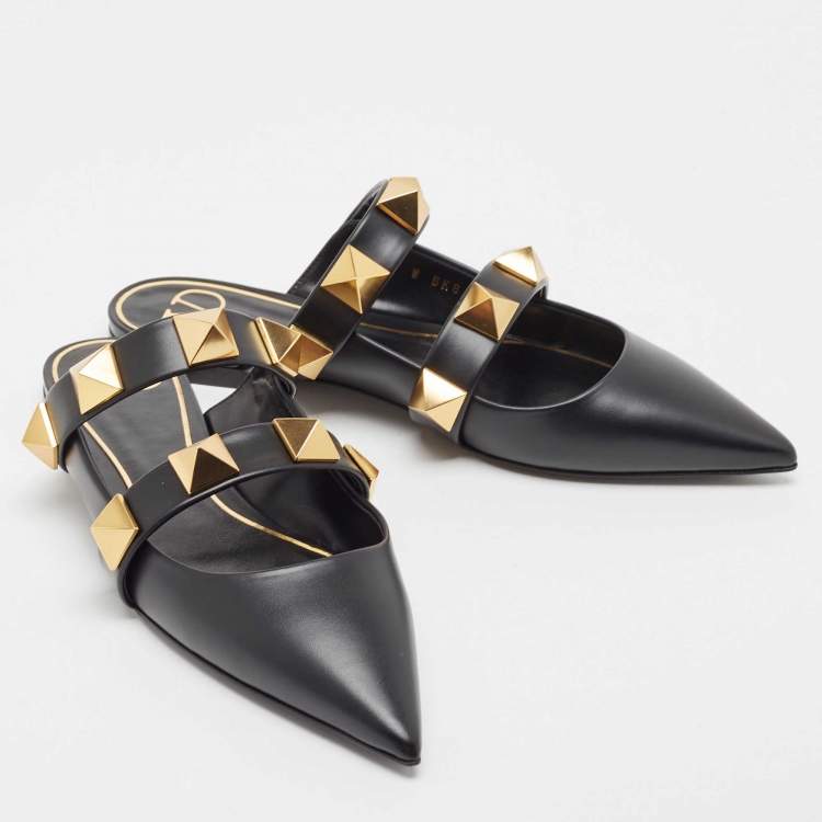 Pre Owned Valentino Black Leather Roman Stud Pointed Toe Flat Sandals Size 37