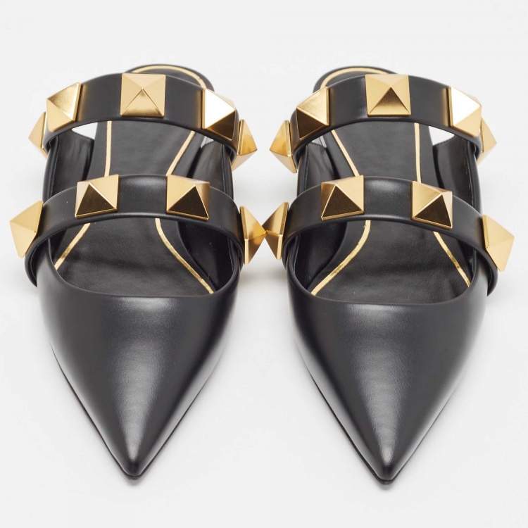 Pre Owned Valentino Black Leather Roman Stud Pointed Toe Flat Sandals Size 37