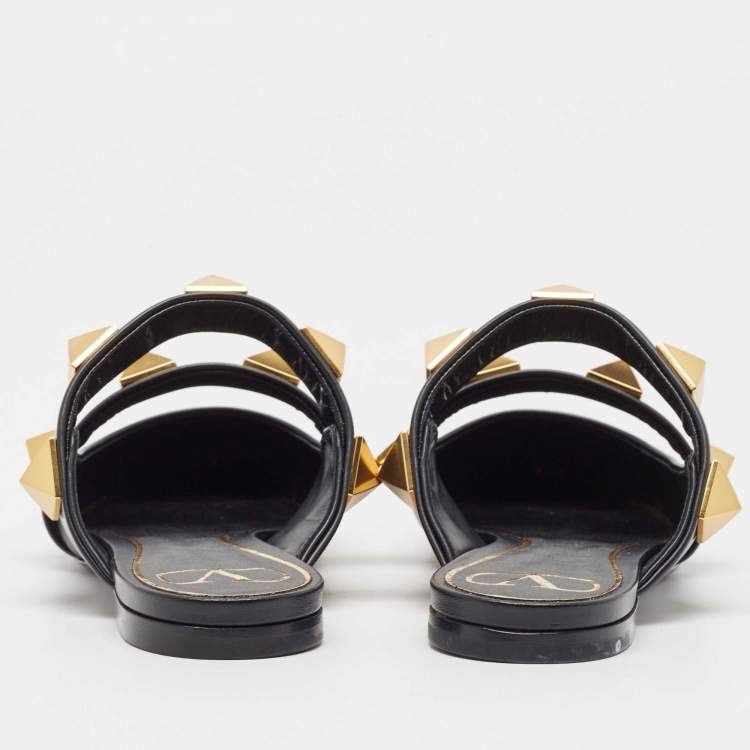 Pre Owned Valentino Black Leather Roman Stud Pointed Toe Flat Sandals Size 37