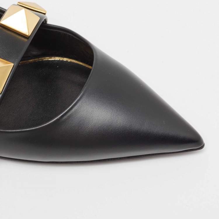 Pre Owned Valentino Black Leather Roman Stud Pointed Toe Flat Sandals Size 37
