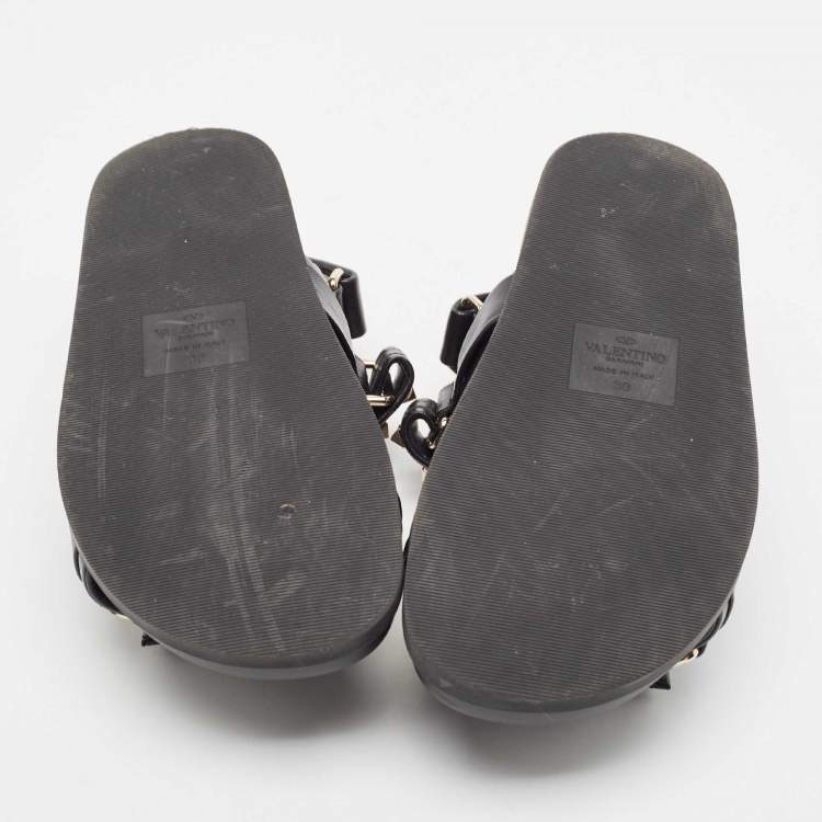 Pre Owned Valentino Black Leather Rockstud Velcro Slingback Flat Sandals Size 39