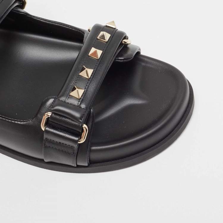 Pre Owned Valentino Black Leather Rockstud Velcro Slingback Flat Sandals Size 39