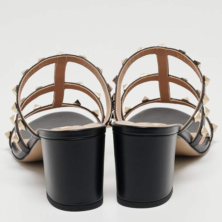 Pre Owned Valentino Black Leather Rockstud Slide Sandals Size 40.5