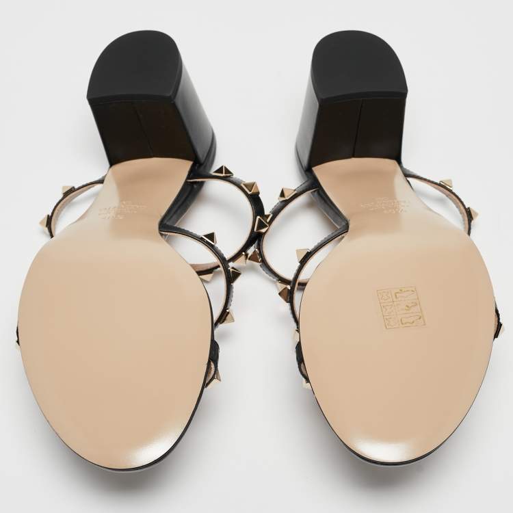 Pre Owned Valentino Black Leather Rockstud Slide Sandals Size 40.5