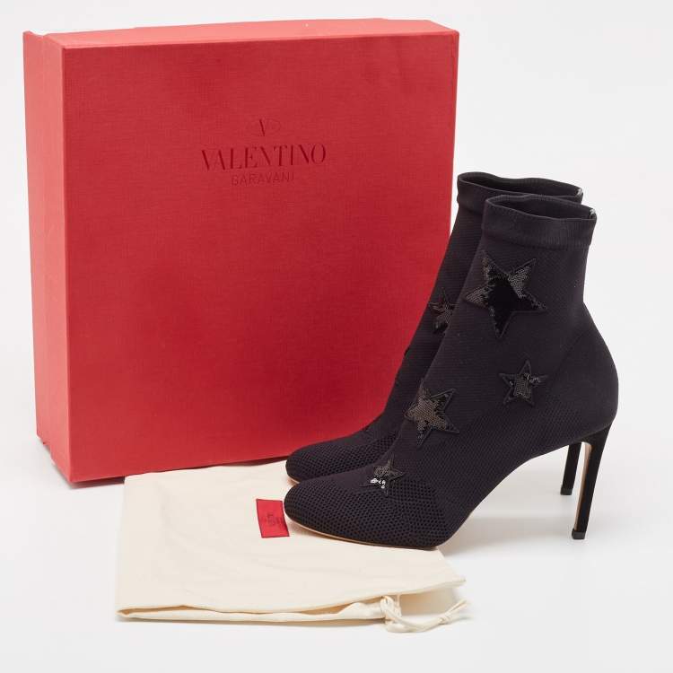 Pre Owned Valentino Black Knit Fabric Star Embellished Sock Boots Size 39