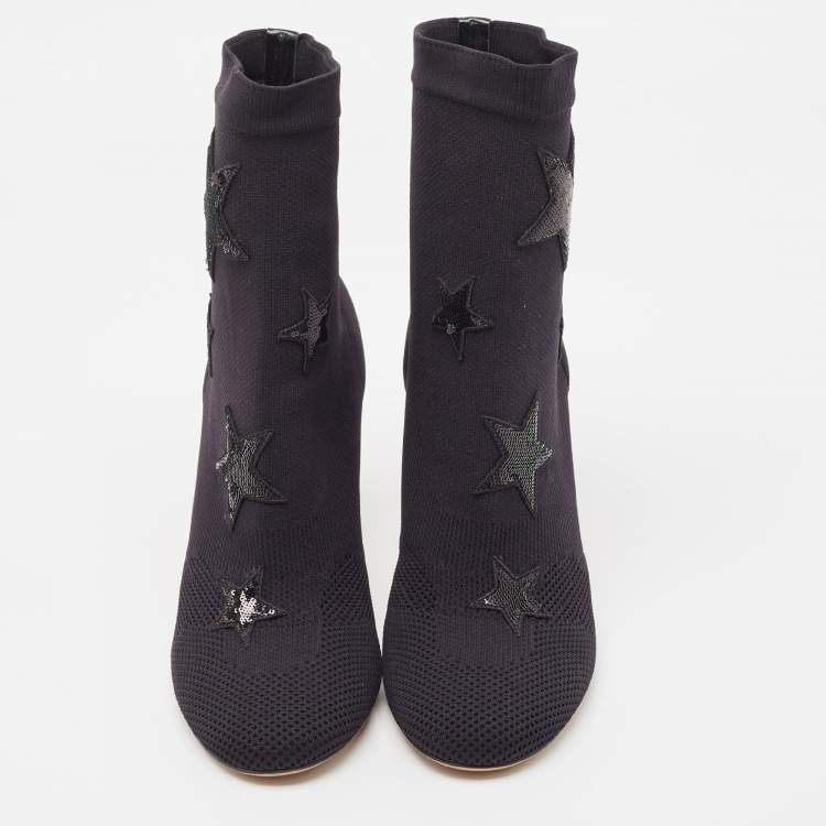 Pre Owned Valentino Black Knit Fabric Star Embellished Sock Boots Size 39