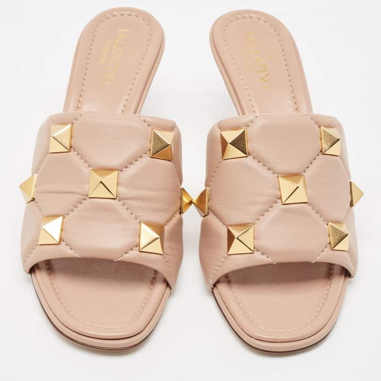 Pre Owned Valentino Pink Leather Roman Stud Slides Size 37.5
