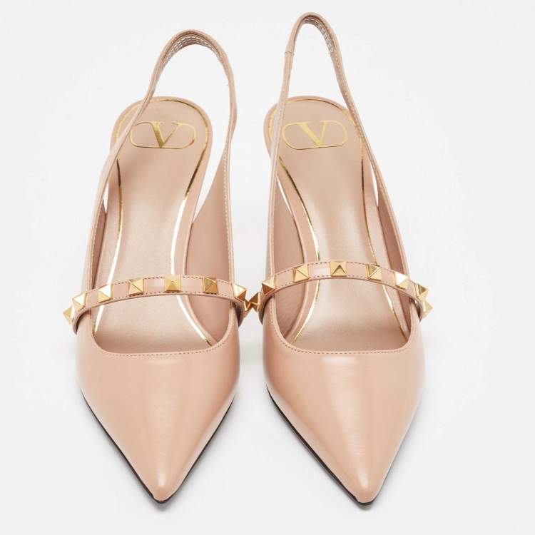 Pre Owned Valentino Beige Leather Rockstud Slingback Pumps Size 38.5