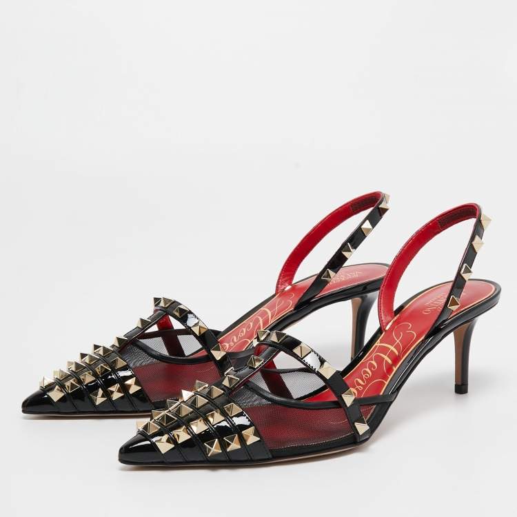 Pre Owned Valentino Black Patent Leather and Mesh Alcove Slingback Pump Size 38