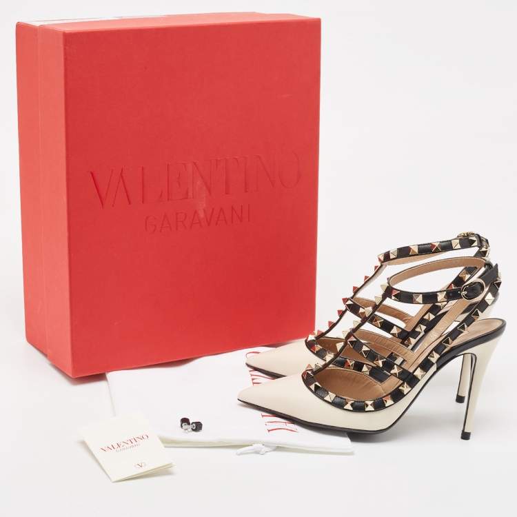 Pre Owned Valentino White/Black Leather Rockstud Ankle Strap Pumps Size 36
