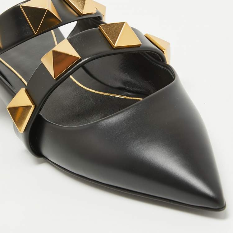 Pre Owned Valentino Black Leather Roman Stud Flat Mules Size 37