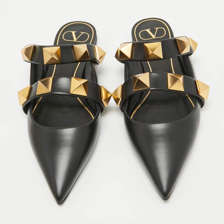 Pre Owned Valentino Black Leather Roman Stud Flat Mules Size 37