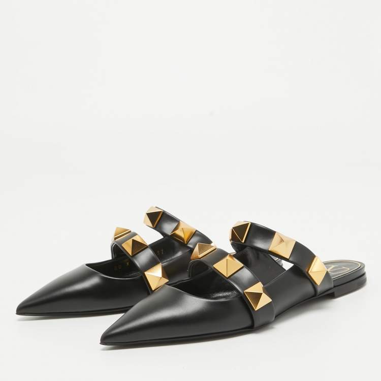 Pre Owned Valentino Black Leather Roman Stud Flat Mules Size 37