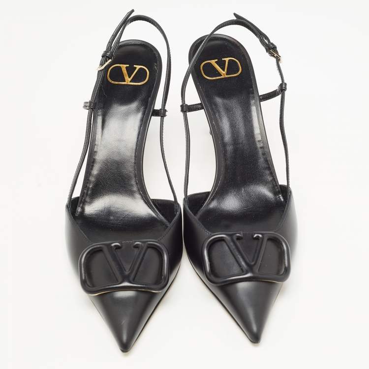 Pre Owned Valentino Black Leather Escape V logo Slingback Pumps Size 41