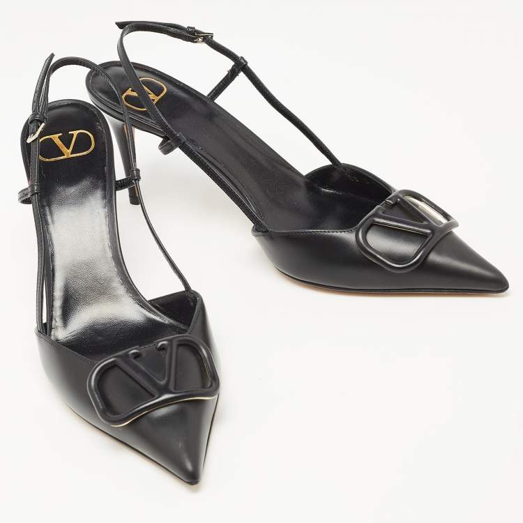 Pre Owned Valentino Black Leather Escape V logo Slingback Pumps Size 41