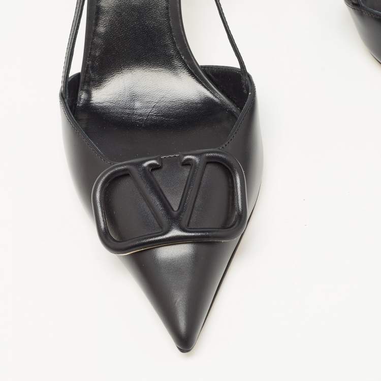 Pre Owned Valentino Black Leather Escape V logo Slingback Pumps Size 41
