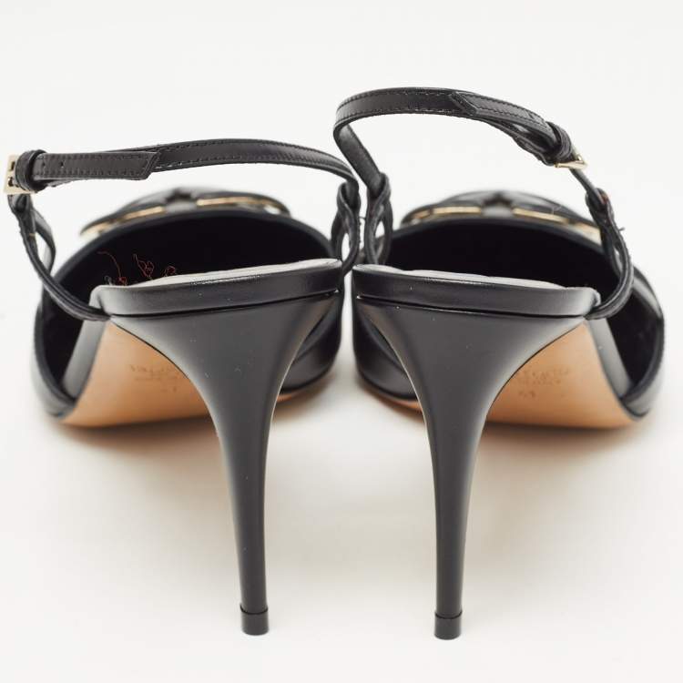 Pre Owned Valentino Black Leather Escape V logo Slingback Pumps Size 41