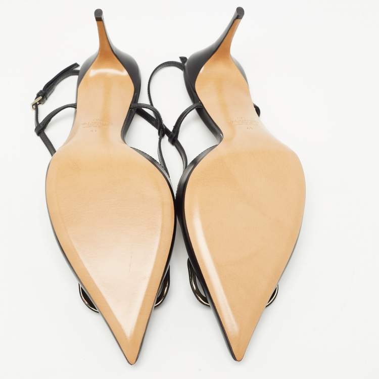 Pre Owned Valentino Black Leather Escape V logo Slingback Pumps Size 41