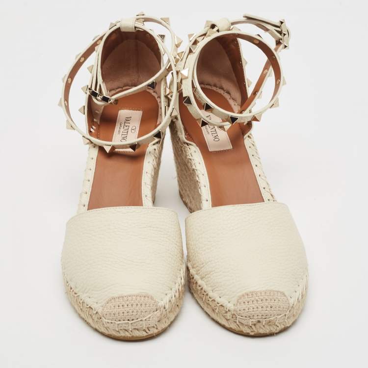 Pre Owned Valentino Cream Leather Rockstud Espadrille Wedge Ankle Wrap Pumps Size 40