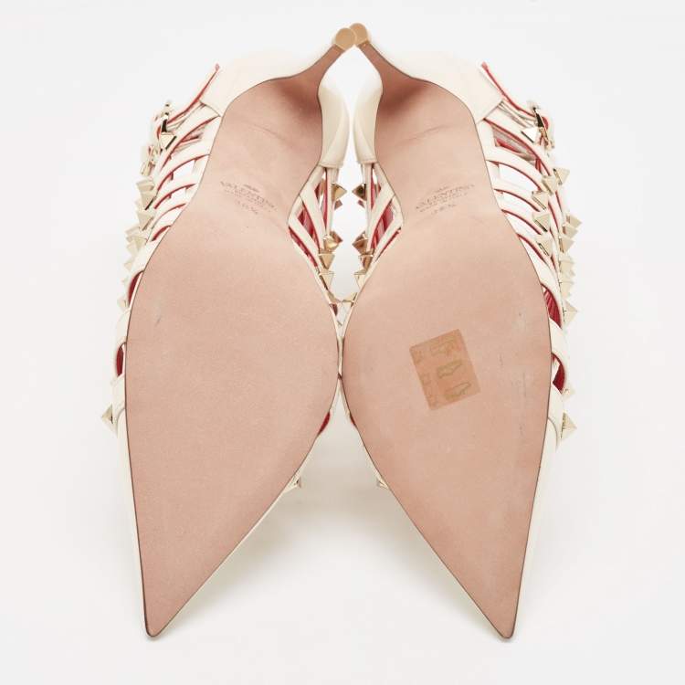 Pre Owned Valentino Cream Patent Leather Caged Ankle Boots Size 38.5