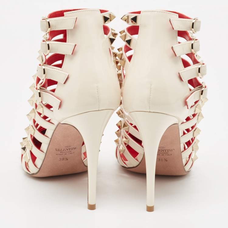 Pre Owned Valentino Cream Patent Leather Caged Ankle Boots Size 38.5