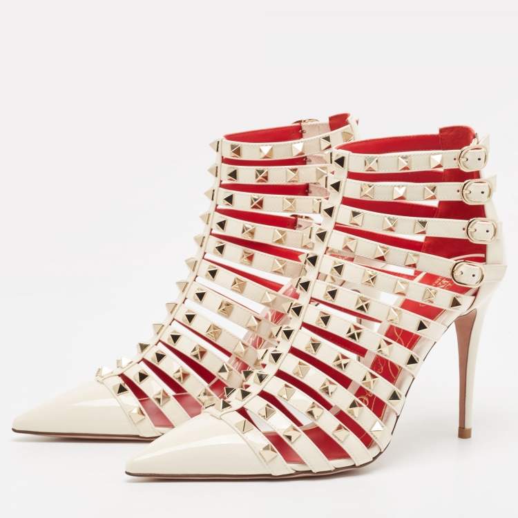 Pre Owned Valentino Cream Patent Leather Caged Ankle Boots Size 38.5