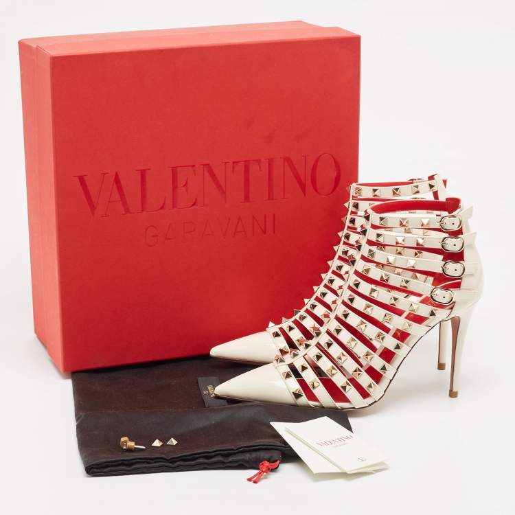 Pre Owned Valentino Cream Patent Leather Caged Ankle Boots Size 38.5